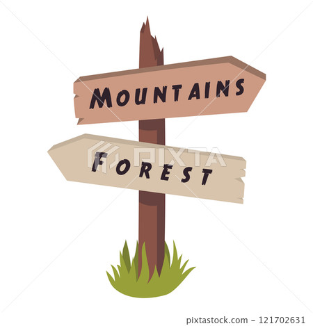 Cartoon signpost with arrows for camping in flat style isolated on white background. 121702631