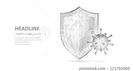 Shield vs virus. Abstract vector 3d shield viral microbe vs shield isolated. Computer virus safety, bacterial protection, pandemic fight Shield vs virus. Abstract vector 3d shield viral microbe vs shield isolated. Computer virus safety, bacterial protection, pandemic fight 121702660