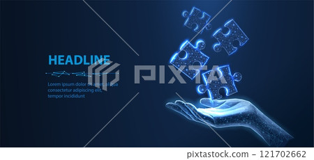 Three puzzles on blue. Digital solution, partners cooperate, matching solution concept. 121702662