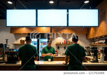 Modern cafe interior with staff in uniform and digital menu screens 121702866