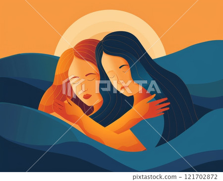 Embracing friendship and support in flat illustration with warm colors 121702872