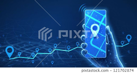 Phone mockup in hand and pins connected. Phone mobile app, gps tracker, 121702874