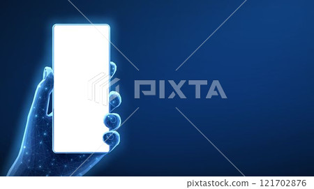 Digital hand hold mobile phone with blank screen on blue background. Smartphone app 121702876
