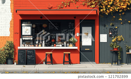 Flat illustration of a modern cafe exterior in red and black tones 121702899