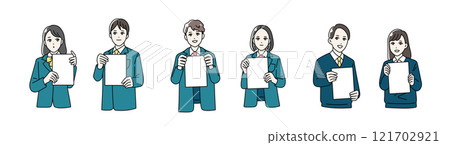 Illustration of male and female students wearing school uniforms holding flip charts 121702921