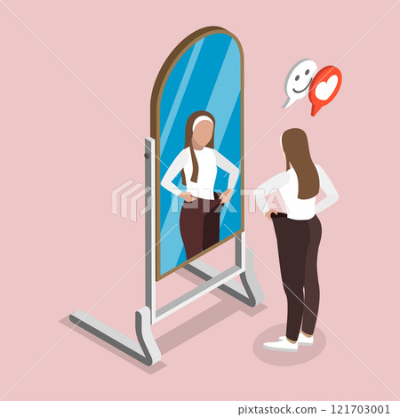 3D Isometric Flat Vector Illustration of Weightloss Journey, Joyful Woman Achieves Weight Loss Through Exercise And Healthy Eating By Fitting In Oversized Pants 121703001