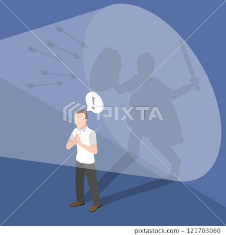 3D Isometric Flat Vector Illustration of Faith and Protection, Praying Scared Businessman 121703060