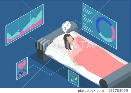 3D Isometric Flat Vector Illustration of Sleep Tracker, Analyzing Sleep Quality Using Electronic Device In Bed 121703069