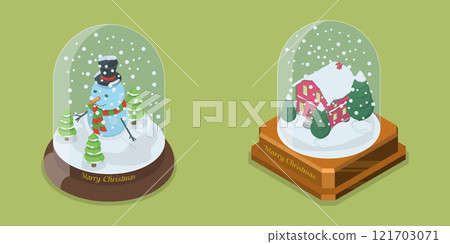 3D Isometric Flat Vector Set of Christmas Globes, Winter Glass Ball 121703071