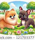 Pomeranian and French Bulldog playing 121703377