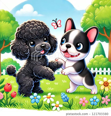 Toy poodle and French bulldog playing 121703380