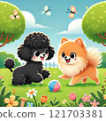 Toy poodle and Pomeranian playing 121703381
