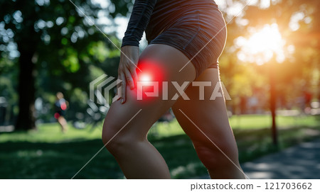 Active woman experiencing sudden pain in leg during outdoor workout in park with sunlight and greenery surrounding 121703662