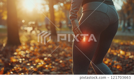 Woman experiencing leg pain during outdoor workout in autumn park with sunlight filtering through trees and colorful fallen leaves 121703663