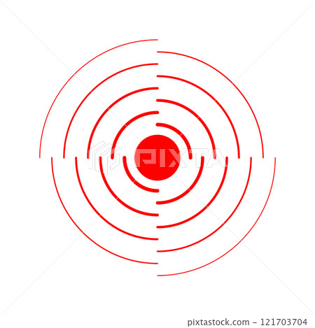 Pain localization icon. Ache, sore or inflammation symbol. Pulse, vibration or radiation sign. Shockwave, radar signal or sound wave pictogram isolated on white background. Vector flat illustration Pain localization icon. Ache, sore or inflammation symbol. Pulse, vibration or radiation sign. Shockwave, radar signal or sound wave pictogram isolated on white background. Vector flat illustration 121703704