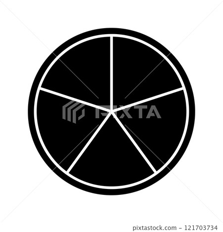 Black circle divided into 5 fractions isolated on white background. Round shape cut in five equal parts. Simple circular diagram, statistic wheel, pie or donut chart. Vector illustration 121703734