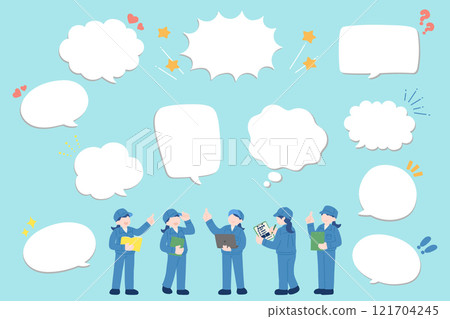 Flat illustration of a woman in work clothes checking and a speech bubble (set) Flat illustration of a woman in work clothes checking and a speech bubble (set) 121704245