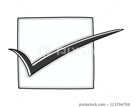A check mark sticking out from within a simple, loosely-fitted square frame, solid color 121704708