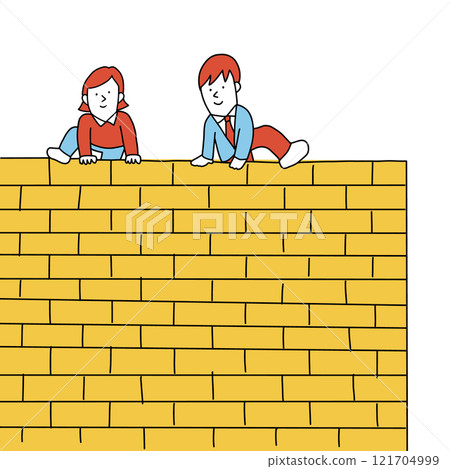 Illustration of a man and woman climbing over a high wall 121704999