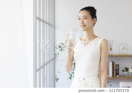 Diet: Woman drinking water from a plastic bottle 121705379