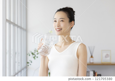Diet: Woman drinking water from a plastic bottle 121705380
