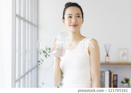 Diet: Woman drinking water from a plastic bottle 121705381