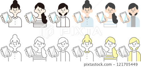 Simple female icon 4 patterns_troubled face_smartphone Simple female icon 4 patterns_troubled face_smartphone 121705449