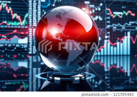 Glass globe with digital map and financial data visualization 121705483