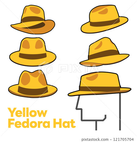 Set Blank Yellow Fedora Hat Vector for Template. Yellow Fedora Hat Technical Fashion Illustration. Yellow Fedora Hat Isolated on White Background. Vector Illustration. All in a single layer. Elements 121705704