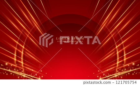 Golden lines with red curve, glitter light effect and bokeh on red background Golden lines with red curve, glitter light effect and bokeh on red background 121705754