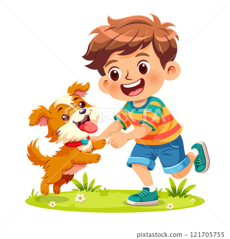 Happy cute little boy playing with his pet dog Happy cute little boy playing with his pet dog 121705755