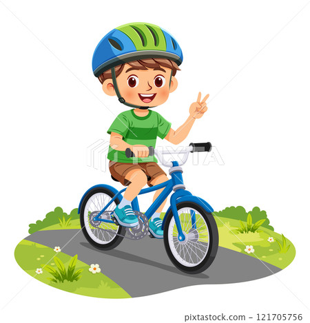 Happy little boy wearing helmet riding bicycle and smiling cycling along the path in the park Happy little boy wearing helmet riding bicycle and smiling cycling along the path in the park 121705756