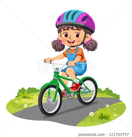 Happy little girl wearing helmet riding bicycle and smiling cycling along the path in the park Happy little girl wearing helmet riding bicycle and smiling cycling along the path in the park 121705757