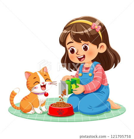 Little girl kneeling on the floor with a smile and enjoying the time of feeding her cat at home 121705758
