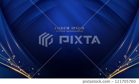 Luxury golden line with blue curve shape, and glitter light effect decoration on dark blue background 121705760