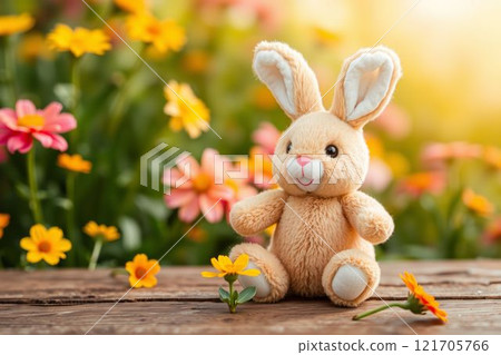 可愛的毛絨兔子被色彩繽紛的春天花朵包圍 可愛的毛絨兔子被色彩繽紛的春天花朵包圍 121705766