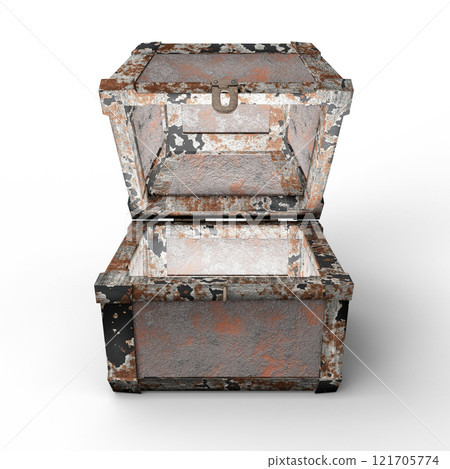 Open Rusted Metal Chest With Worn Texture on White Background 121705774