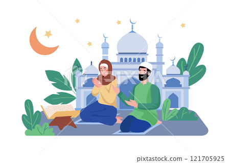 Muslim Couple Are Reading Al Quran In Front Of Mosque Muslim Couple Are Reading Al Quran In Front Of Mosque 121705925
