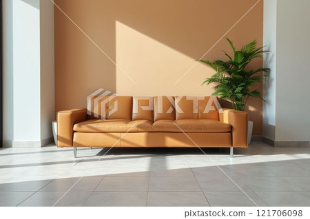 現代簡約的內飾,配有真皮沙發和室內植物 現代簡約的內飾,配有真皮沙發和室內植物 121706098