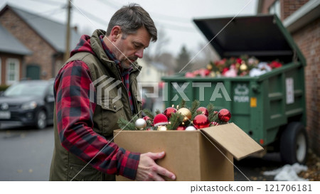 Disappointed man throws out Christmas decorations after holidays. Postholiday depression, january blues. 121706181