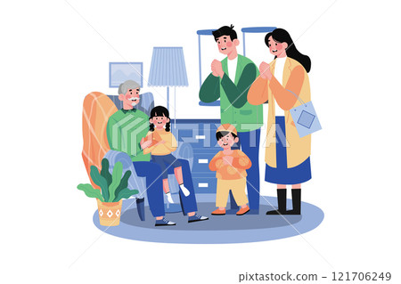 The Family Makes Greeting Gestures Together. 121706249