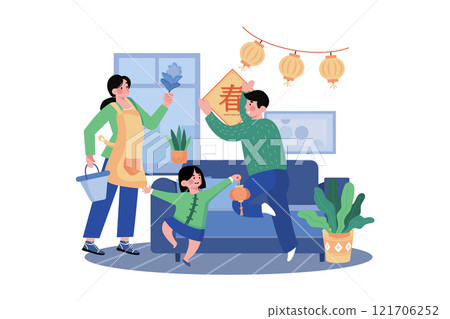 The Family Has Wall Decorations When Preparing The House For The Lunar New Year. The Family Has Wall Decorations When Preparing The House For The Lunar New Year. 121706252
