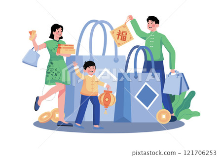 Family New Year Shopping Illustration concept on white background Family New Year Shopping Illustration concept on white background 121706253