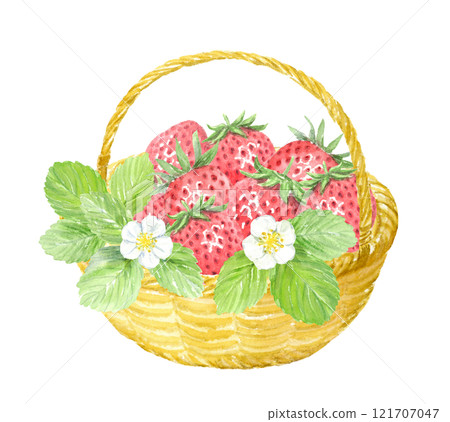 籃子裡草莓的水彩插圖，模擬手繪 121707047