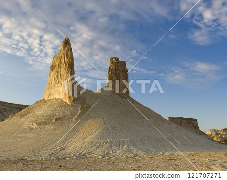 Bozjyra, Kazakhstan, Mangistau, rock formations illuminated by the setting sun 121707271