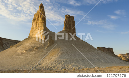 Bozjyra, Kazakhstan, Mangistau, rock formations illuminated by the setting sun 121707276