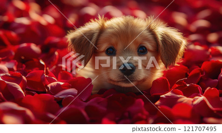 Dog and valentine day concept. Adorable puppy surrounded by vibrant red rose petals, evoking warmth and love Dog and valentine day concept. Adorable puppy surrounded by vibrant red rose petals, evoking warmth and love 121707495
