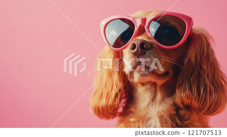Dog and valentine day concept. stylish dog wearing pink sunglasses against pink background 121707513