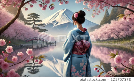 Cherry blossoms, Mt. Fuji and woman 2 121707578
