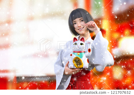 Smiling shrine maiden holding a maneki-neko (beckoning cat) in the grounds of a snowy shrine Smiling shrine maiden holding a maneki-neko (beckoning cat) in the grounds of a snowy shrine 121707632